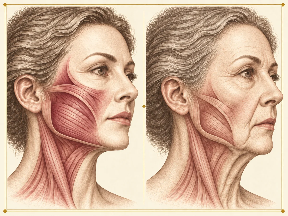 Illustration of the facial muscle layer under the skin